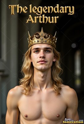 Wearing a gold crown, a shirtless young man with long blond hair looks ahead