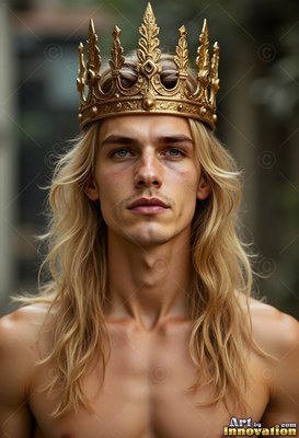 A shirtless blond-haired man wears a tall gold crown outdoors