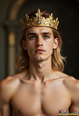 A gold crown sits on a shirtless young man with long blond hair indoors