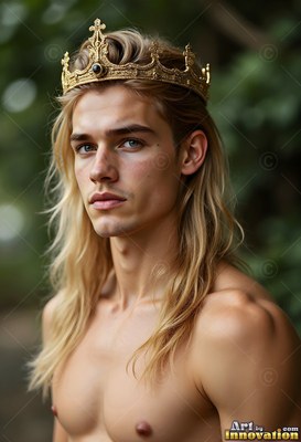 A bare-chested young man wears a gold crown, his blond hair touched by soft daylight