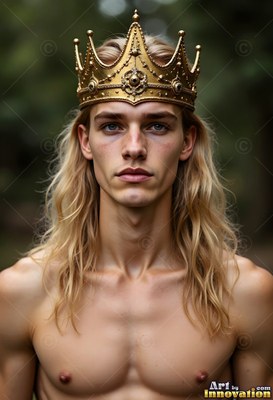 Facing forward in a dim forest, a bare-chested young man wears a gold crown