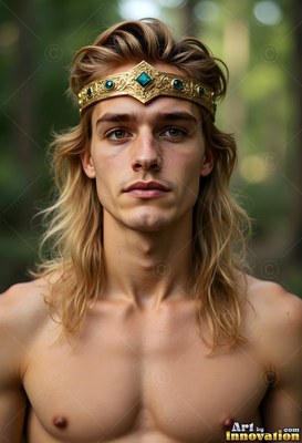 A shirtless blond man wearing a gold crown stands in a green forest