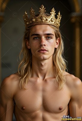 In a dark hall, a shirtless young man wears a gold crown on his blond hair