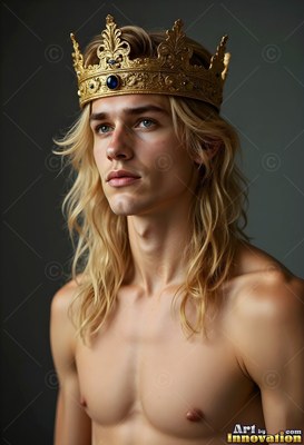 Wearing a gold crown, a shirtless young man with long blond hair looks into the distance