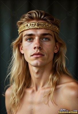 A young man with blond hair wearing a gold headband with bare shoulders