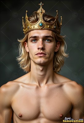 A gold crown with blue stones rests on the blond hair of a bare-chested young man against a dark gray background