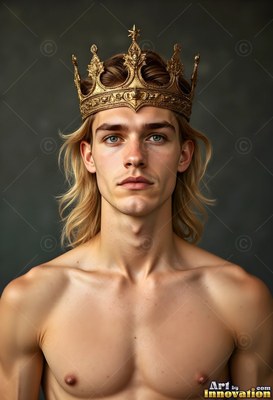A shirtless young man wears a gold crown, his blond hair lit softly from the front
