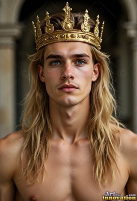 Facing forward in stone archways, a shirtless man wears a gold crown