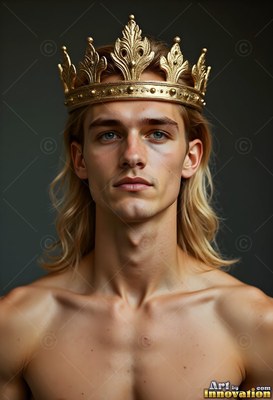 A shirtless young man with long blond hair looks ahead while wearing a gold crown