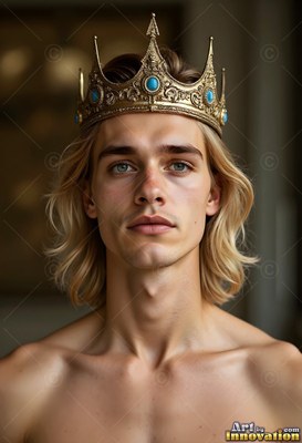 In a dim hall, a bare-shouldered blond-haired man wears a gold crown with blue stones