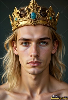 Wearing a heavy gold crown, a man with blond hair looks forward in soft light