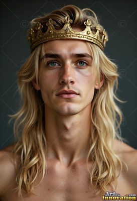 A young blond-haired man wearing a gold crown against a dark wall