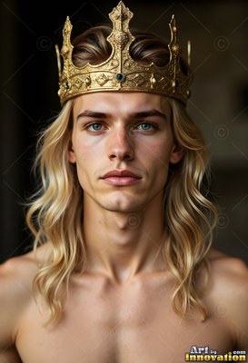 Long wavy blond hair frames the bare-chested young man wearing a gold crown against a dark room