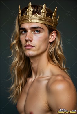 A shirtless man wears a gold crown on long wavy hair, softly lit against a dark gray background