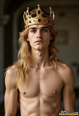 Facing forward in a dim hall, a shirtless man wears a gold crown