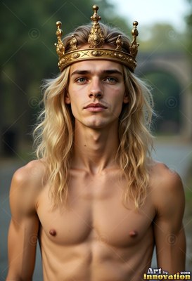 A shirtless young man with long blond hair wears a gold crown outdoors on a road