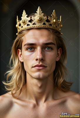 In a dim archway, a bare-chested young man with long blond hair wears a gold crown