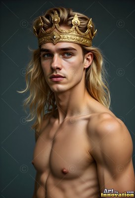Wearing a heavy gold crown, a shirtless fair-haired man looks ahead against a dark backdrop
