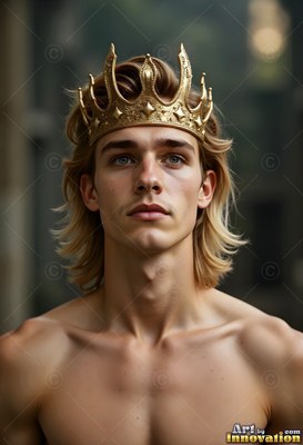 A shirtless young man with blond hair wearing a gold crown