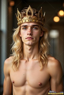 A gold crown rests on the long blond hair of a bare-chested man in a dim room with soft lights