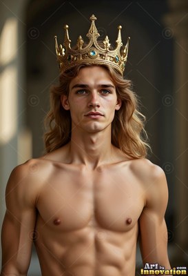 A shirtless man wearing a gold crown looks forward as soft daylight hits his bare shoulders