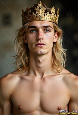 Facing forward in a dim room, a shirtless man with blond hair wears a gold crown