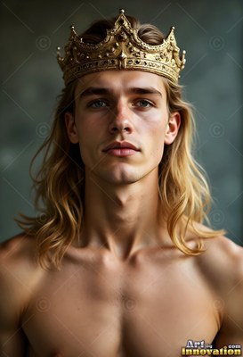 A shirtless young man with long blond hair wears a gold crown against a gray wall