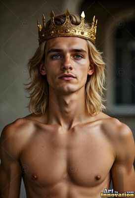 In a dim stone hall, a shirtless fair-haired man wears a gold crown
