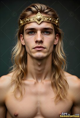 Facing forward, a bare-chested young man with long blond hair wears a gold crown