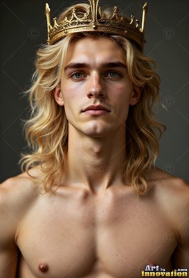 A shirtless young man with long blond hair wearing a gold crown
