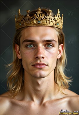 A heavy gold crown resting on his blond hair before a dark wall, a young man looks forward