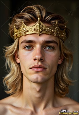 A young yellow-haired man wears a gold crown while soft light highlights his face