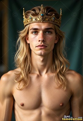 Facing forward before dark cloth, a bare-chested yellow-haired man wears a gold crown
