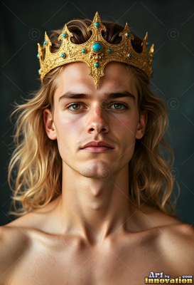 A bare-chested young man with long blond hair wears a gold crown set with turquoise jewels