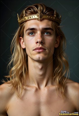 Against a dark gray studio background, a bare-chested young man wears a gold crown