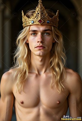 Wearing a gold crown, a shirtless man with blond hair with long hair looks forward in a hall