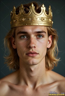 A young blond man wearing a gold crown against a dark wall