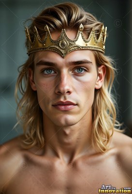 A gold crown rests on long blond hair as the shirtless young man faces forward in soft light