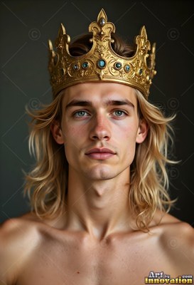 A shirtless man wears a tall gold crown, looking ahead under soft gray light
