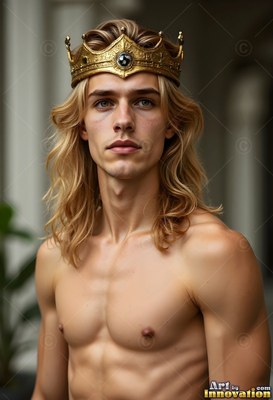 Facing forward in a courtyard, a shirtless yellow-haired man wears a gold crown