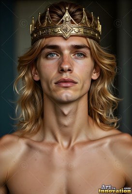 A shirtless young man with long blond hair looks ahead wearing a gold crown