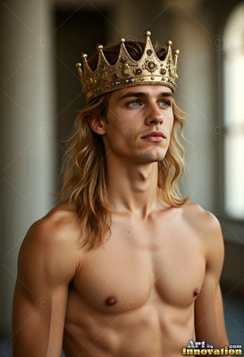 In a sunlit stone hall, a shirtless blond-haired man wears a gold crown