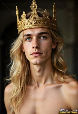 Wearing a gold crown, a shirtless young man with long blond hair looks ahead