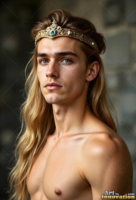 A young shirtless man with long blond hair wears a gold crown