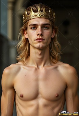 Gold crown on wavy blond hair, a shirtless young man stands in a stone hall