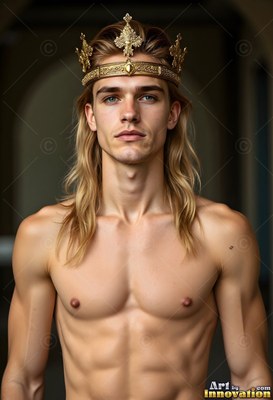 A shirtless young man wears a gold crown, facing forward in soft indoor light