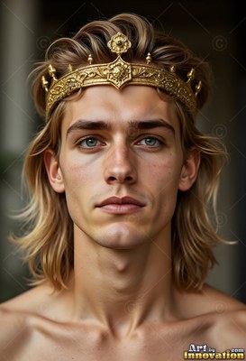 Facing forward indoors, a blond young man wears a gold crown