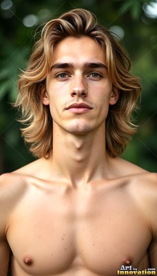 A shirtless young man with wavy blond hair stands outside in front of green leaves