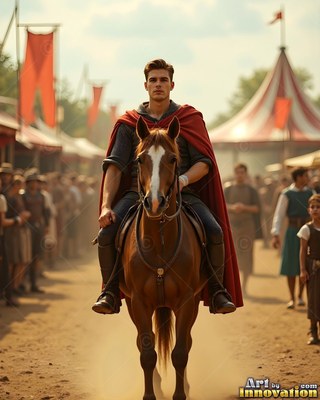 In a crowded fairground, a man in a red cape rides a brown horse down a dusty path