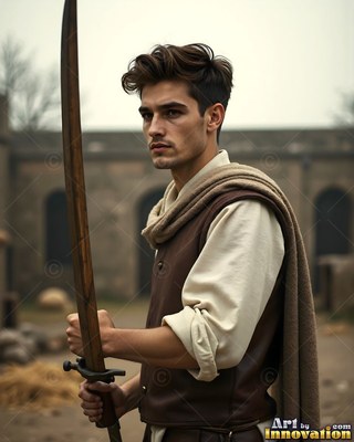 Holding a wooden practice sword, a young man stands in a courtyard in simple clothes